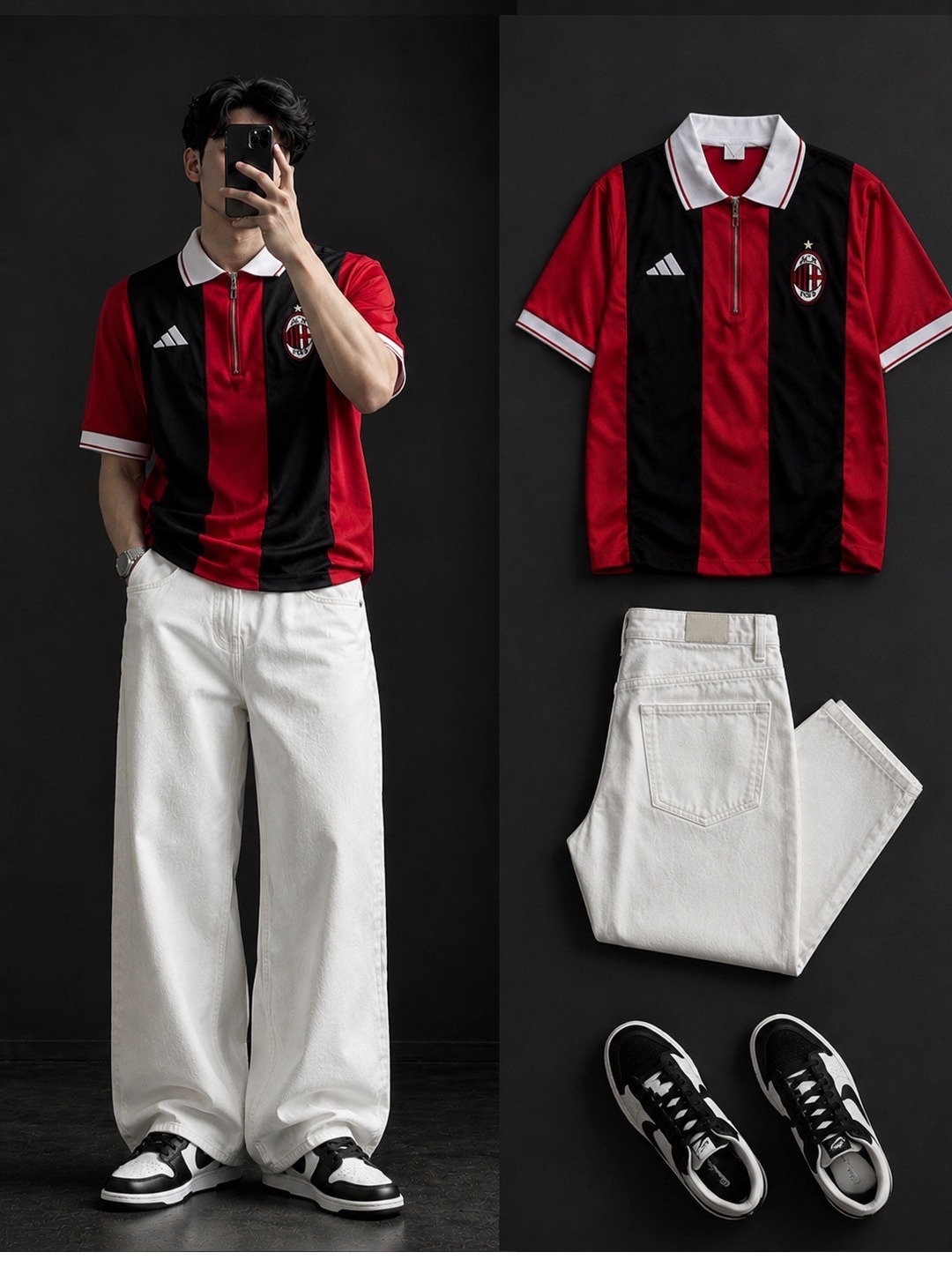 ❤️🖤 AC Milan Stripe Zip Polo + Wide-Leg White Jeans Set