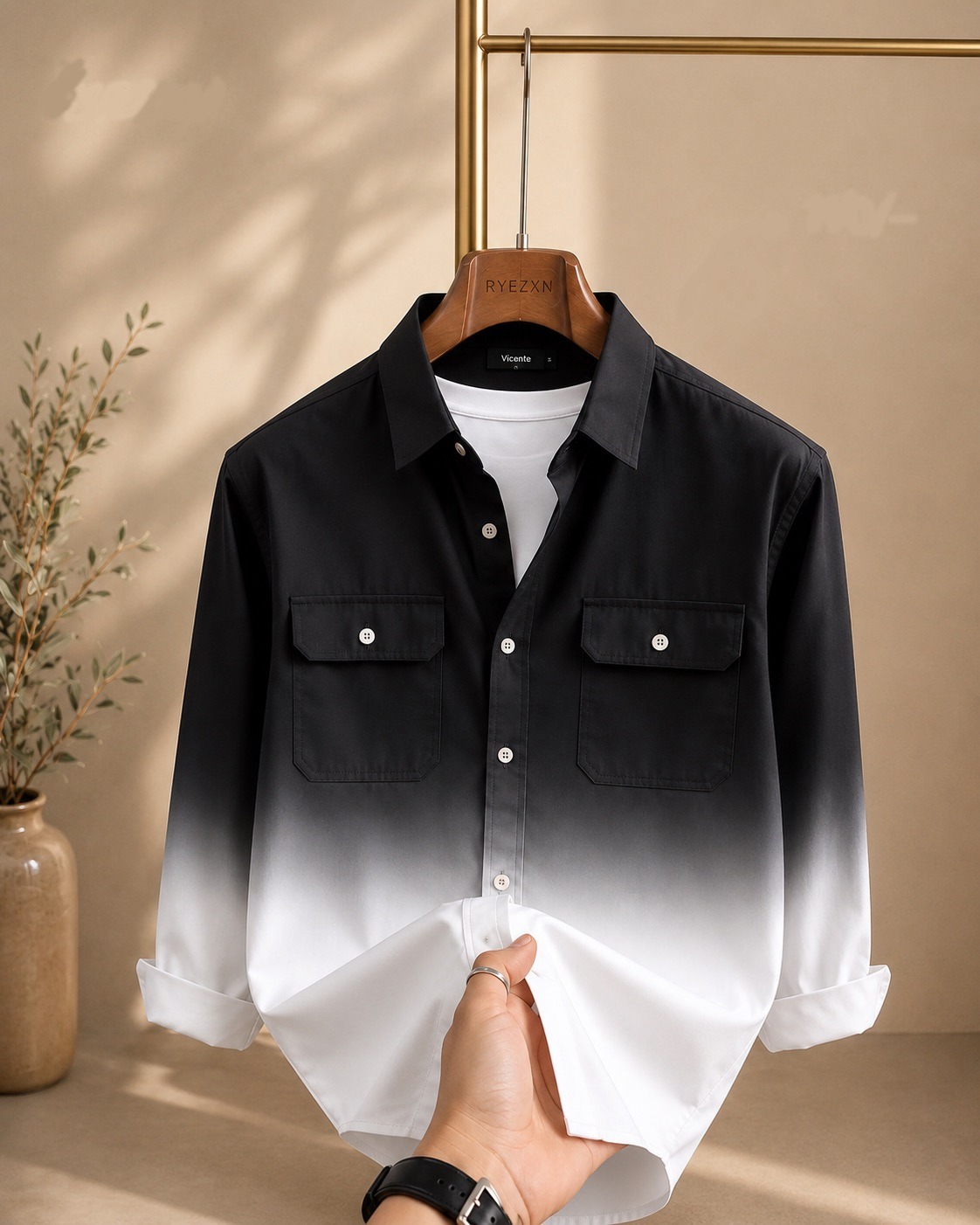 🖤🤍 Jet Black to White Ombre Dual Pocket Shirt — RYEZXN