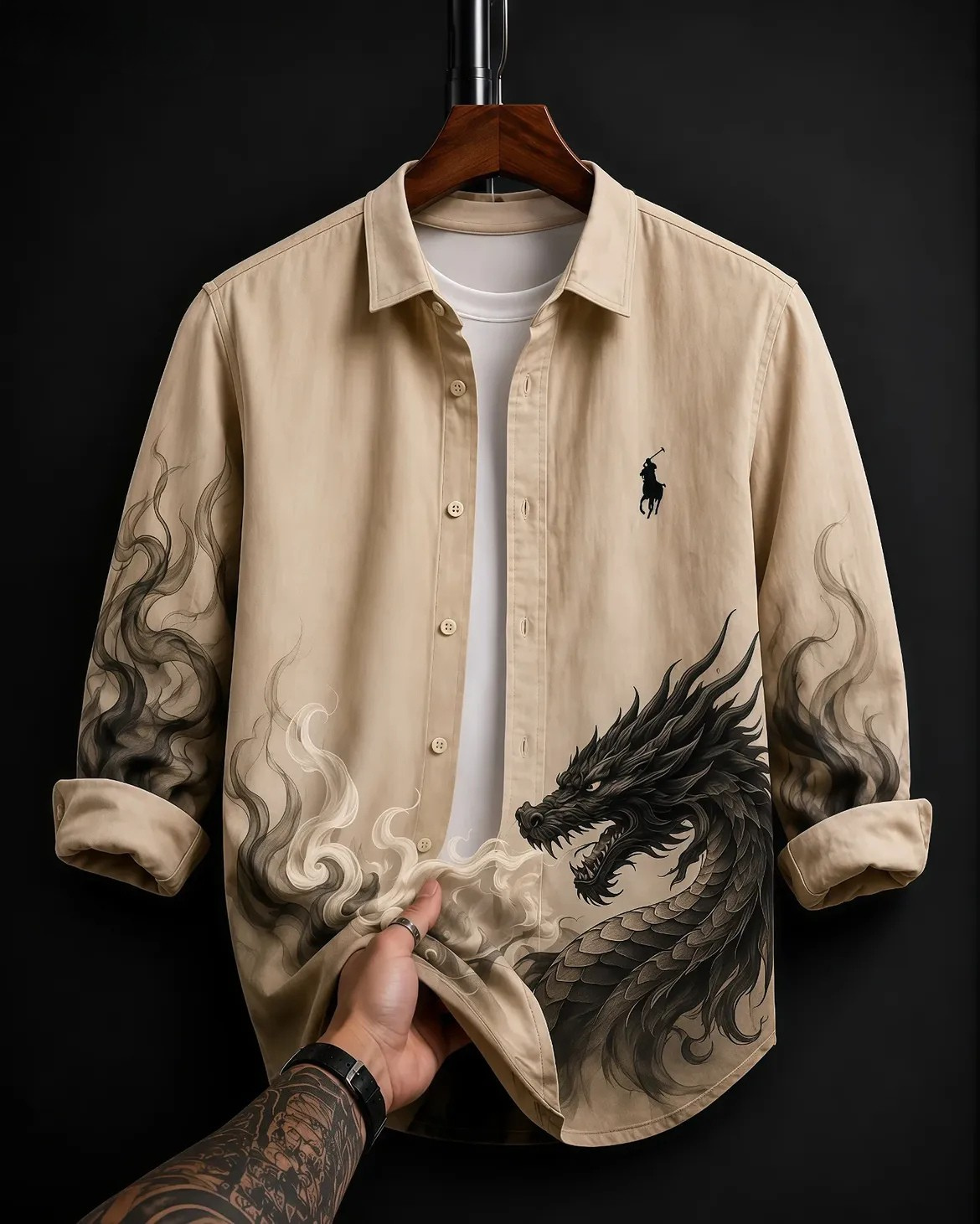 🐉🌾 Khaki Beige Black Dragon Polo Ralph Lauren Overshirt — BudgetFitzz