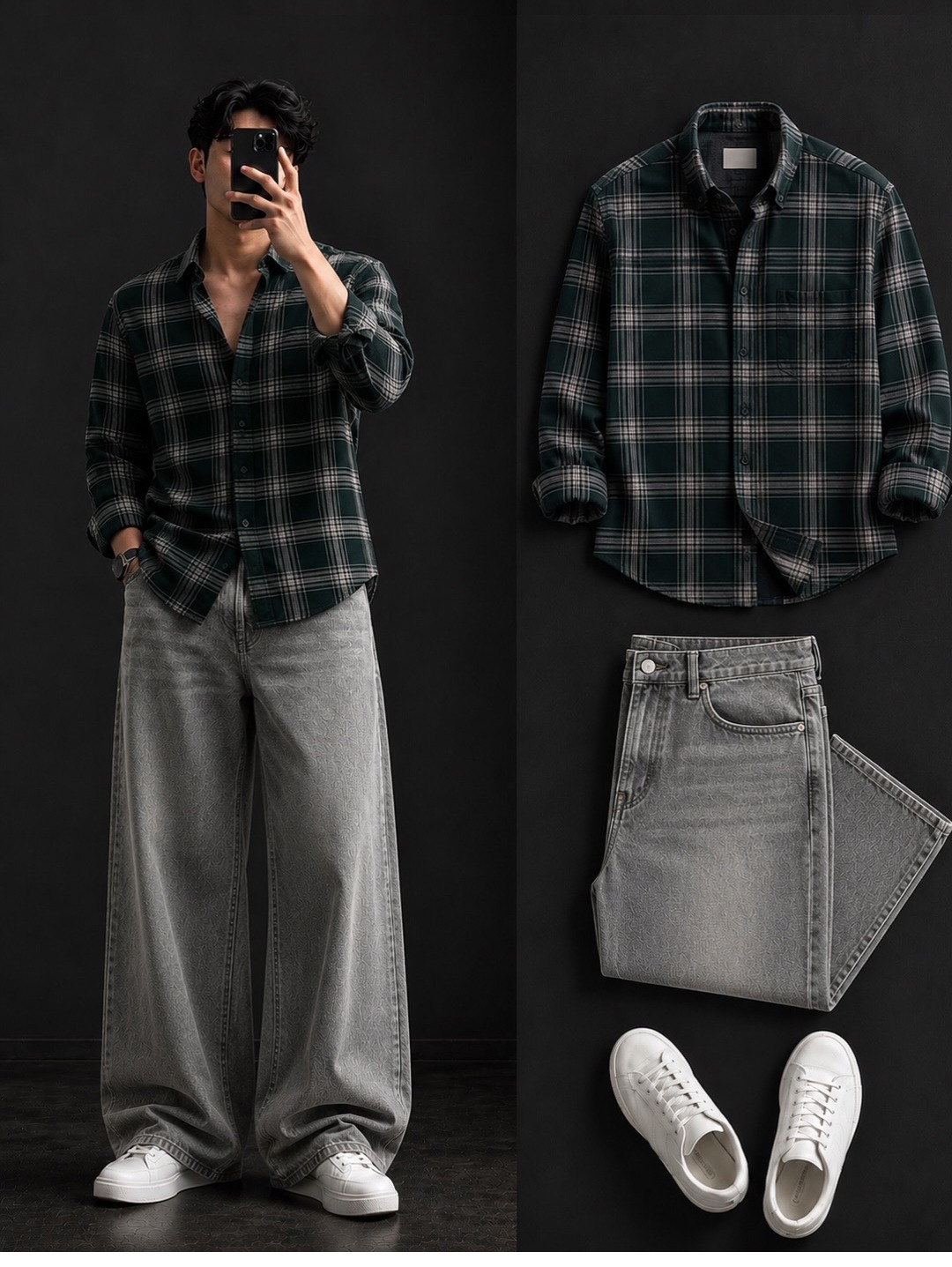 🌲🩶 Dark Green Plaid Flannel Shirt + Wide-Leg Grey Jeans Set