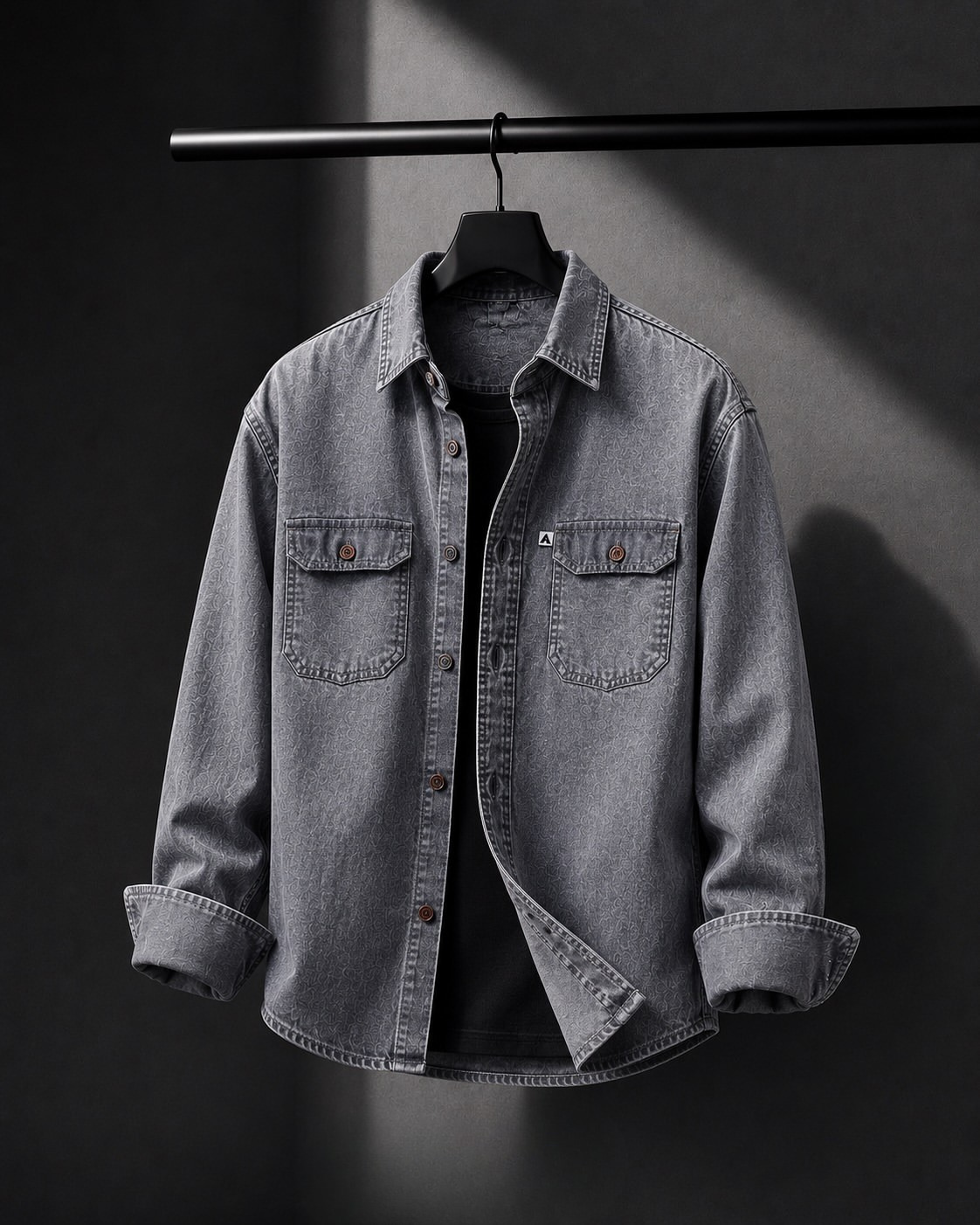 🩶⭐ Ash Grey Star Jacquard Dual Pocket Denim Overshirt