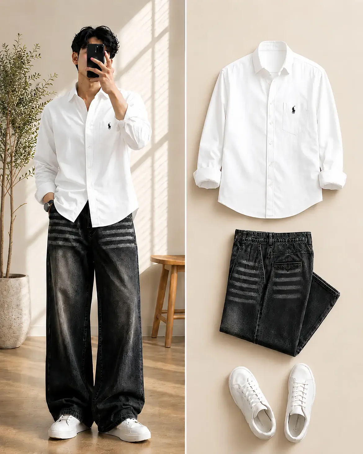 🖤🤍 The Clean Contrast Lookbook Set — Polo Ralph Lauren Oxford Shirt + White Wide-Leg Jeans + White Sneakers