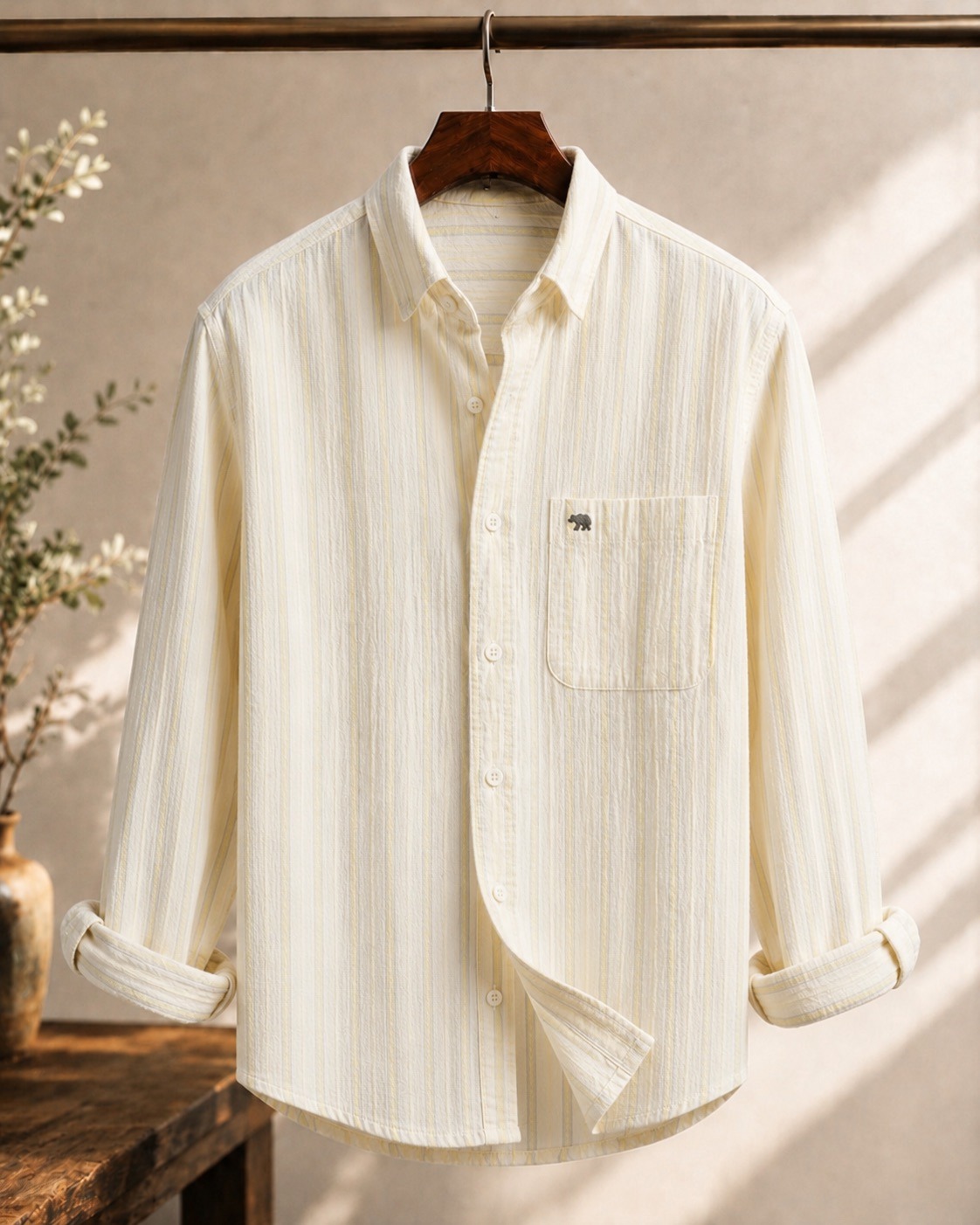 🤍🐻 Cream Textured Oxford Shirt — Bear Pocket Embroidery