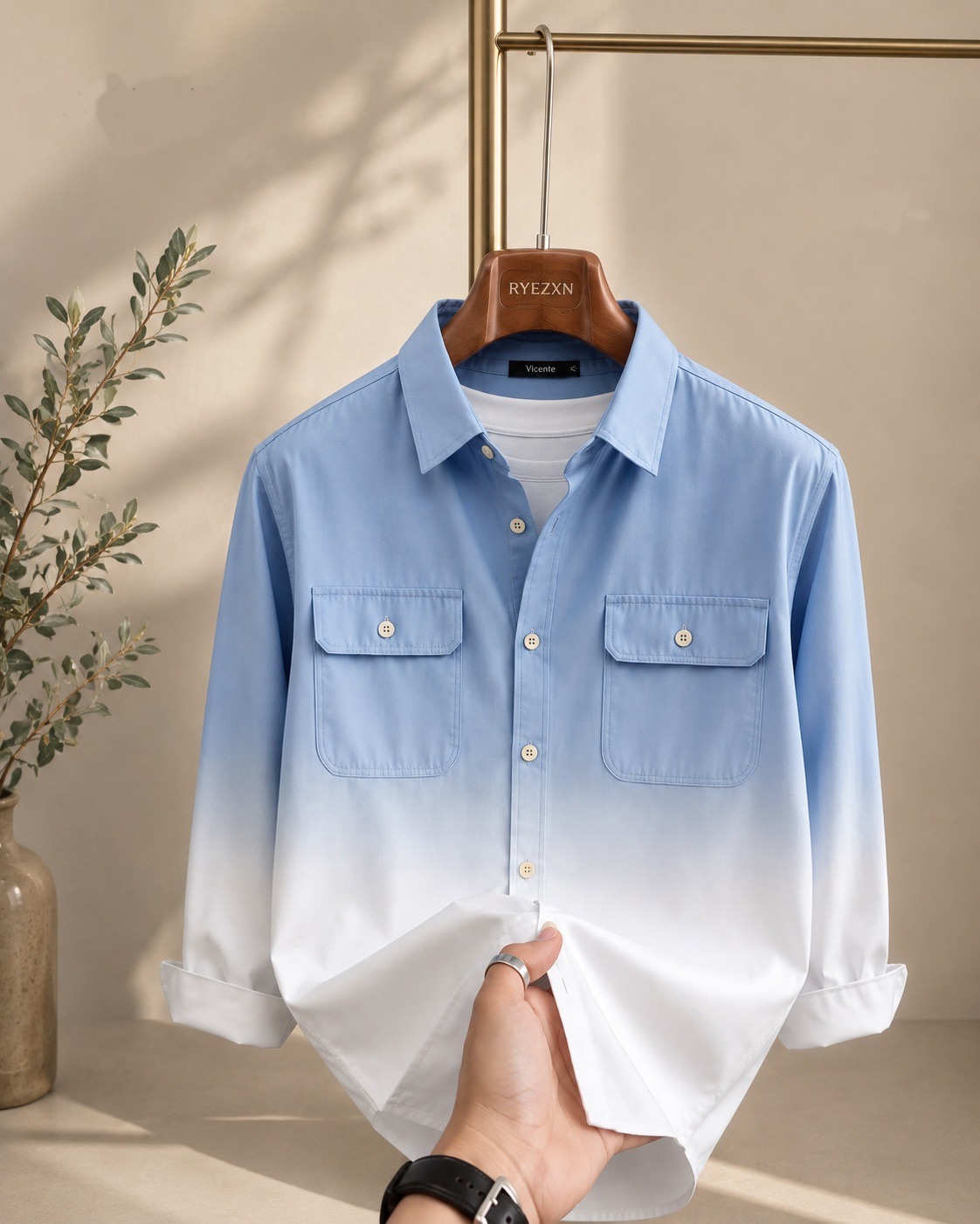 🩵🤍 Sky Blue to White Ombre Dual Pocket Shirt — RYEZXN