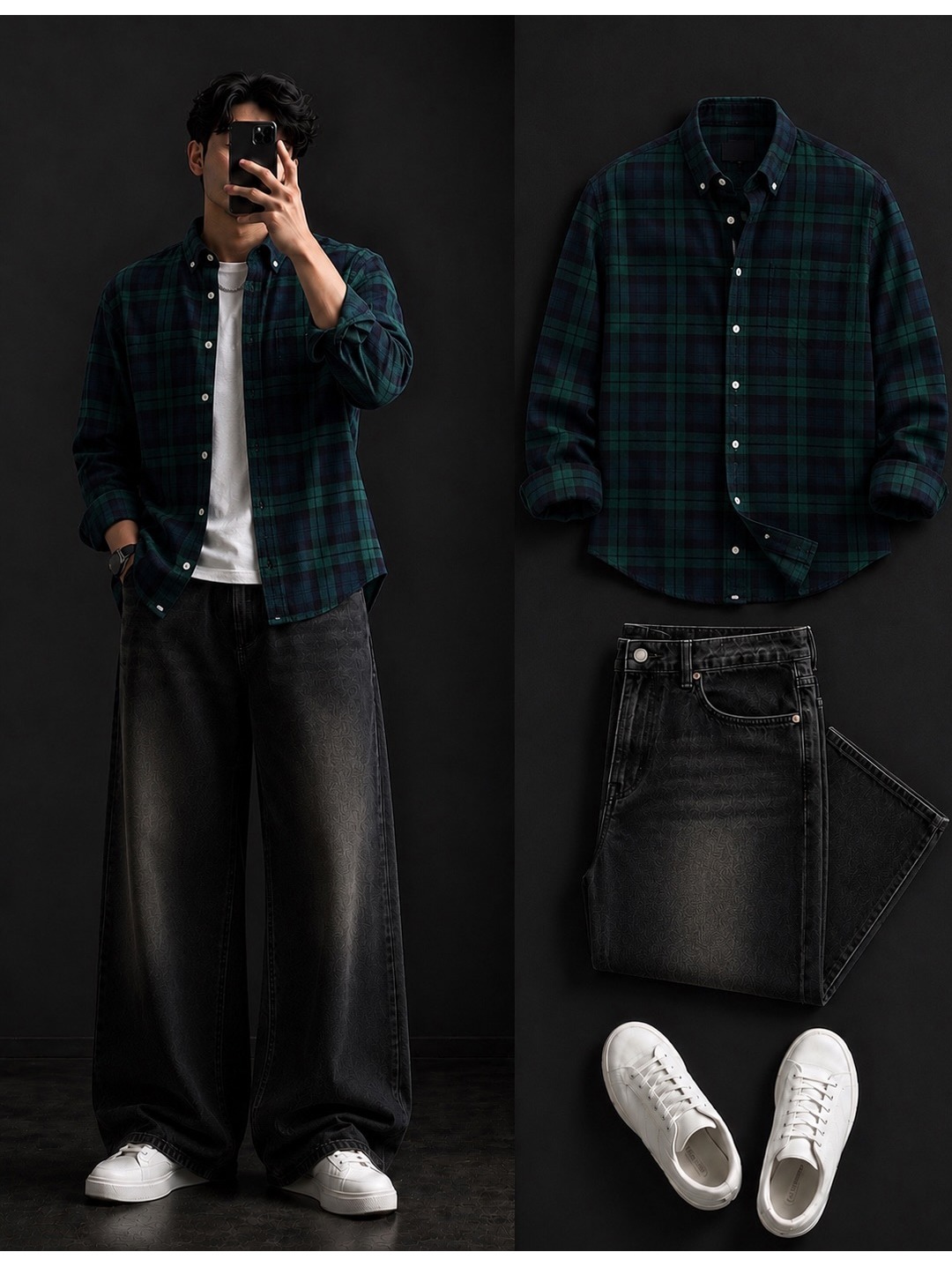 Dark Green Plaid Overshirt + Wide-Leg Black Jeans Set