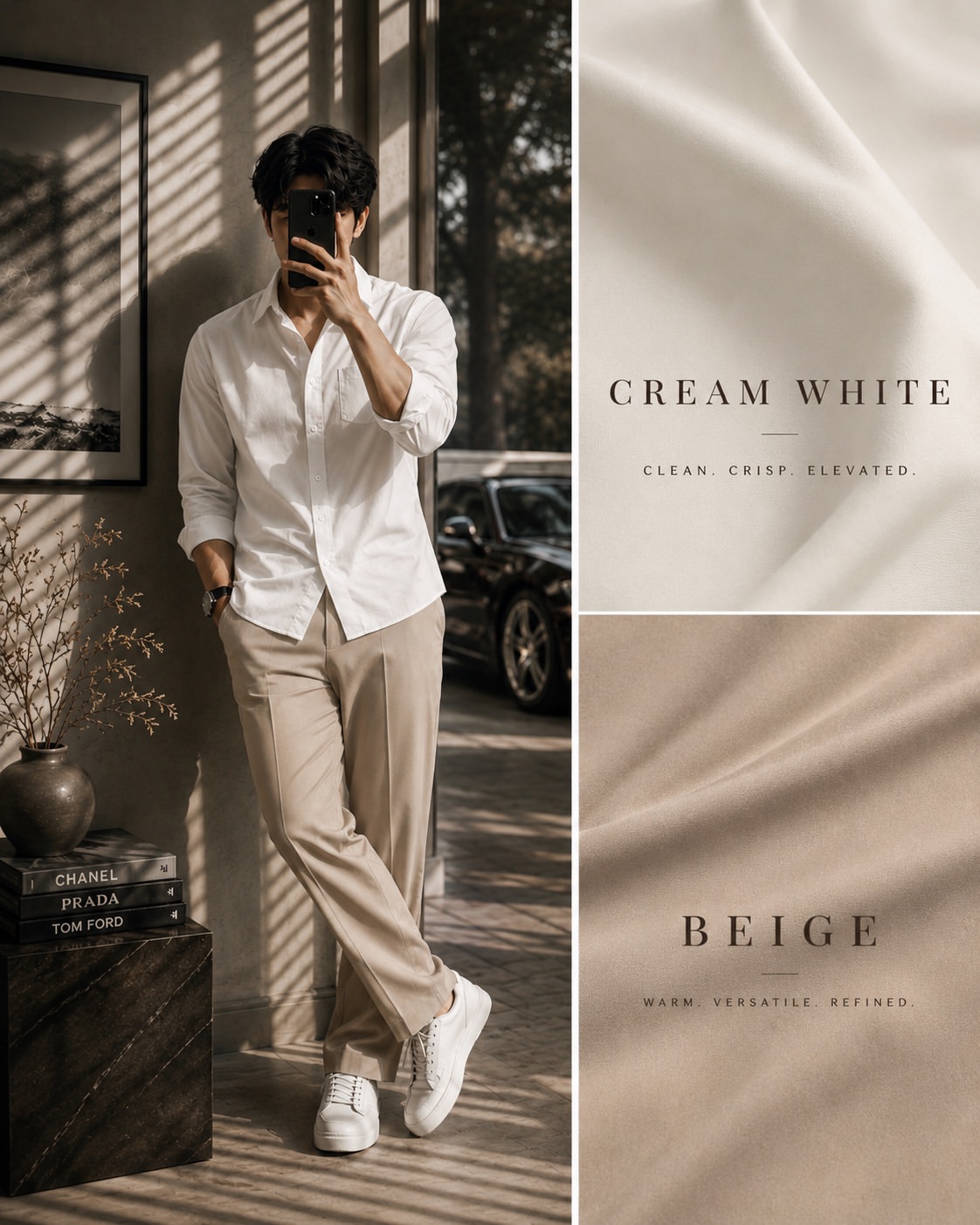 🤍🌾 Cream White Oxford Shirt + Beige Wide-Leg Trousers + White Sneakers