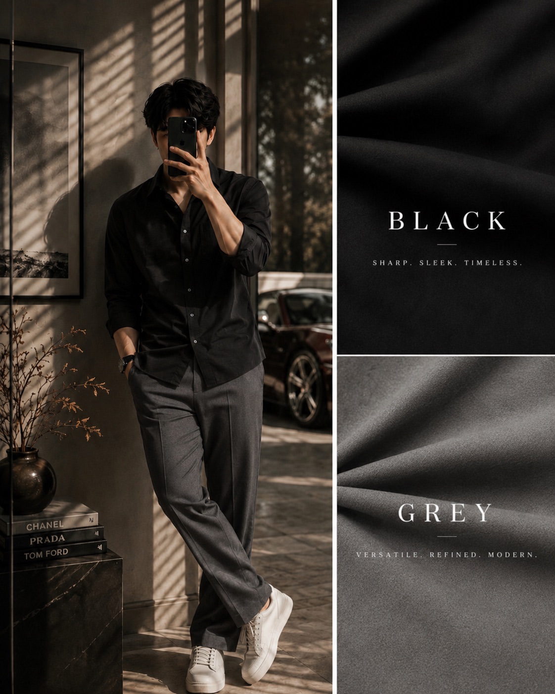 🖤🩶 The Monochrome Dark Lookbook Set — Black Oxford Shirt + Grey Wide-Leg Trousers + White Sneakers