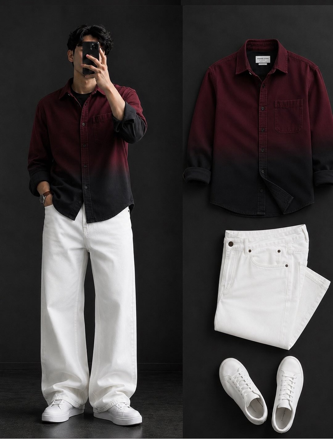 🍷🖤 Burgundy to Black Ombre Shirt + Wide-Leg White Jeans Set
