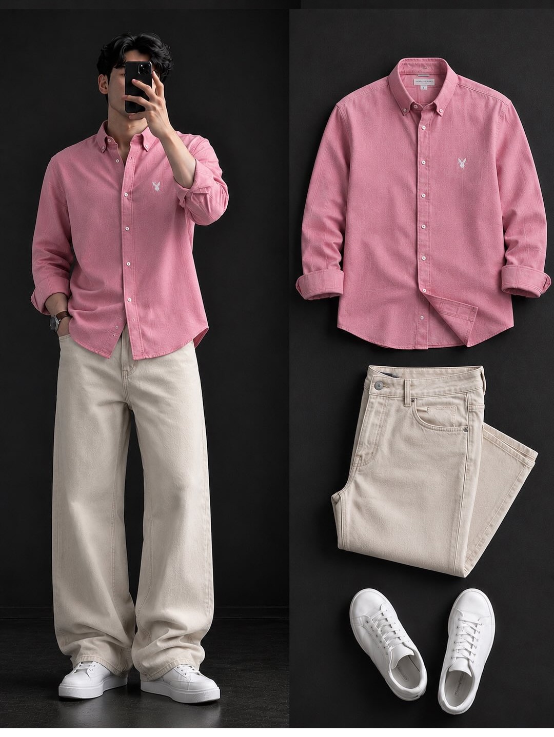 🌸🤍 Pink Oxford Shirt + Wide-Leg Cream Jeans Set