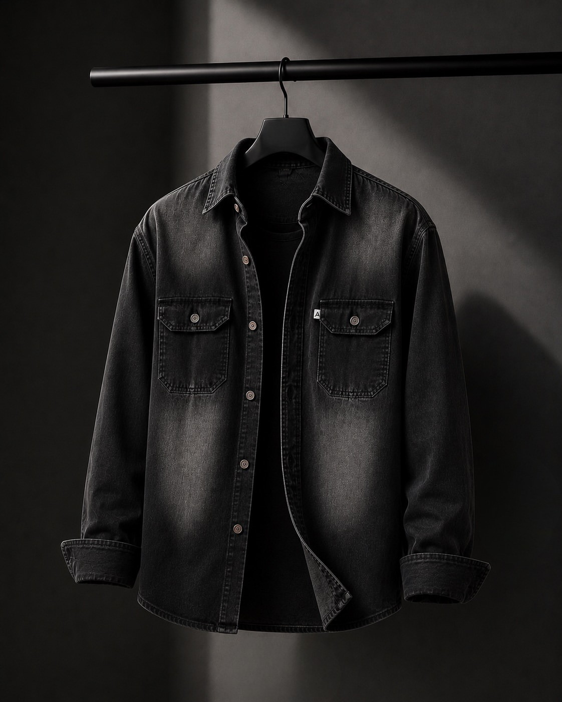 🖤⭐ Washed Black Star Jacquard Dual Pocket Denim Overshirt